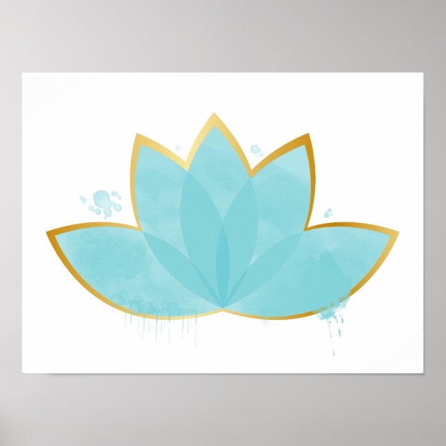 Floral Lotus Watercolor Seafoam Blue & Faux Gold Poster (Front)