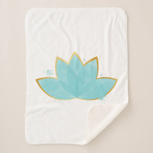 Floral Lotus Watercolor Seafoam Blue & Faux Gold Sherpa Blanket