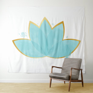 Floral Lotus Watercolor Seafoam Blue & Faux Gold Tapestry