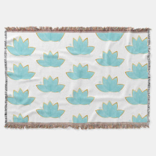 Floral Lotus Watercolor Seafoam Blue & Faux Gold Throw Blanket