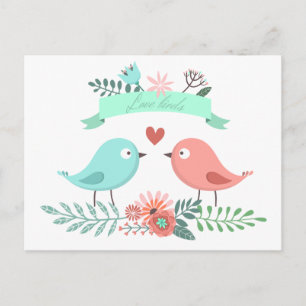 Floral Love Bird Blue And Pink Flower Wedding Postcard