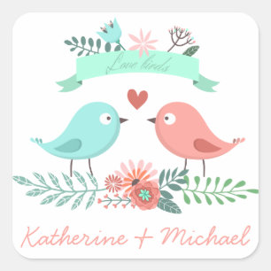 Floral Love Birds Pink & Blue Personalised Wedding Square Sticker