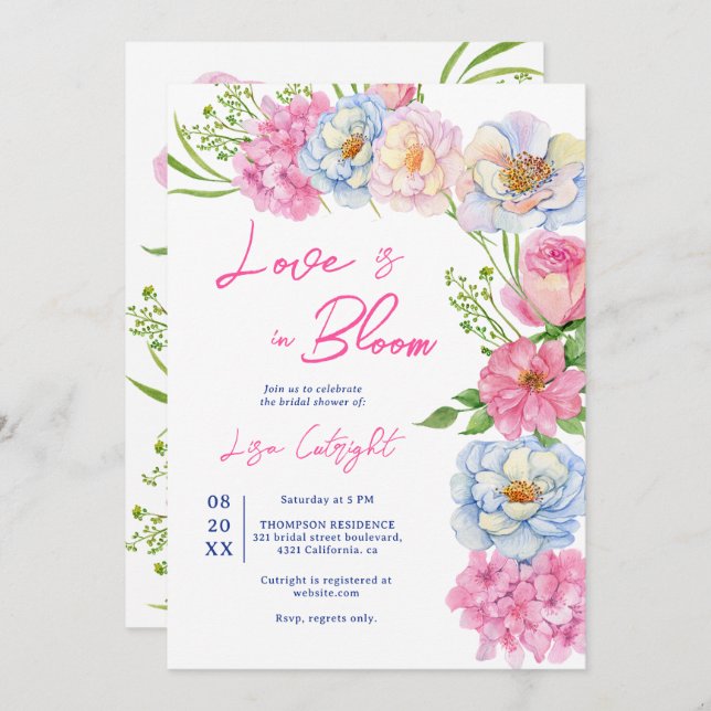 Floral Love in bloom pink summer bridal shower Invitation (Front/Back)