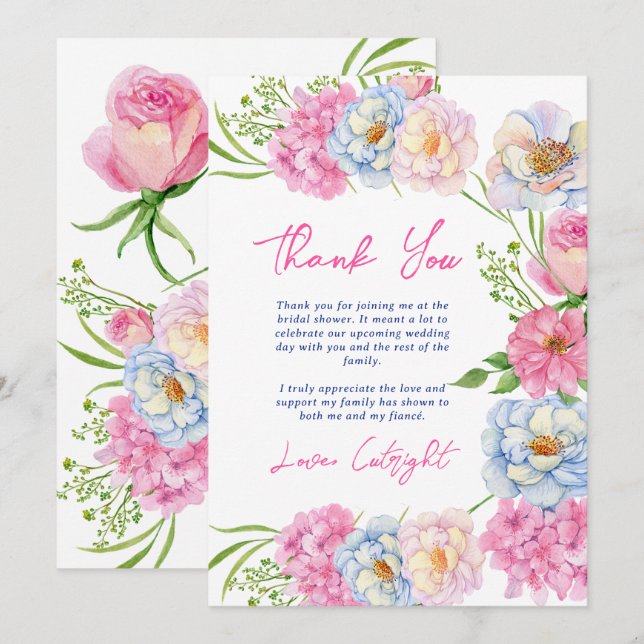 Floral Love in bloom pink summer bridal shower Thank You Card (Front/Back)