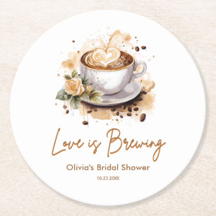 Floral Love is Brewing Brown Coffee Bridal Shower Round Paper Coaster
