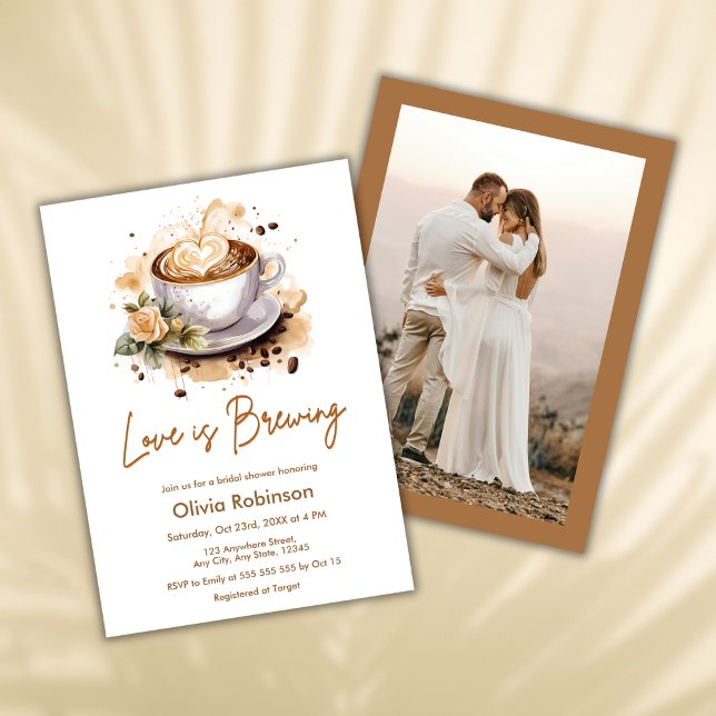 Floral Love is Brewing Brown Photo Bridal Shower  Invitation (Floral Love is Brewing Brown Photo Bridal Shower Invitation  )