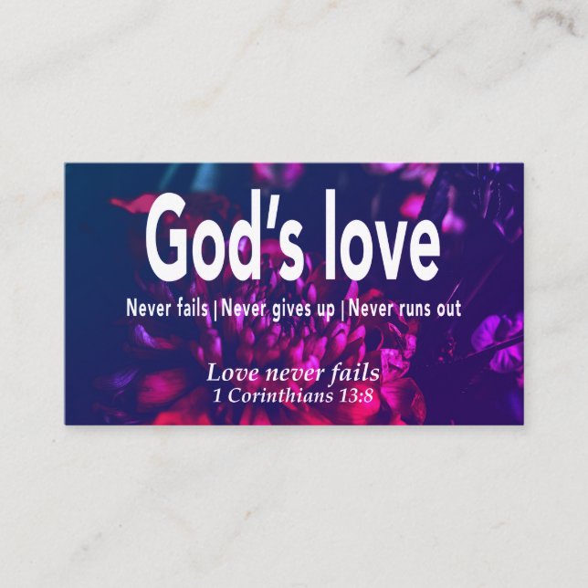 Floral LOVE NEVER FAILS Christian Scripture Business Card (Front)