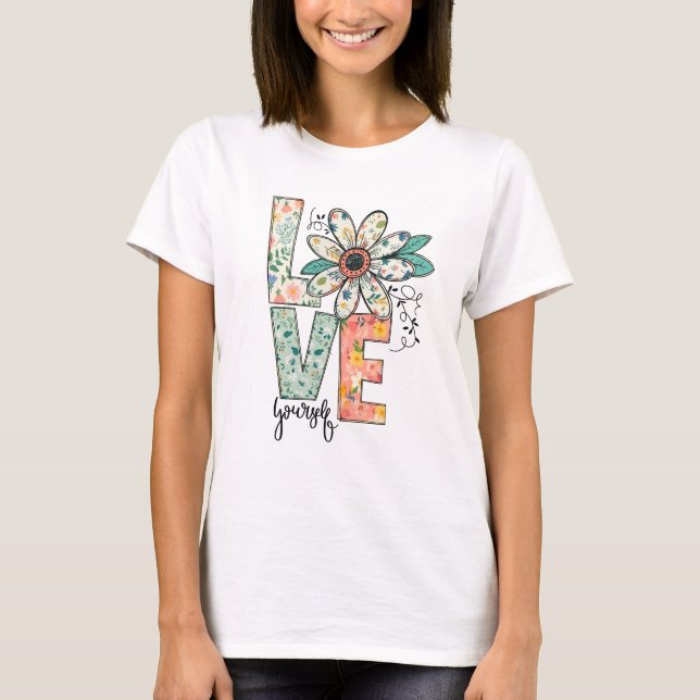 Floral LOVE Retro Daisy Illustration T-Shirt (Front)