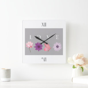 Floral LOVE Romantic Botanical Home Decor Gift Square Wall Clock