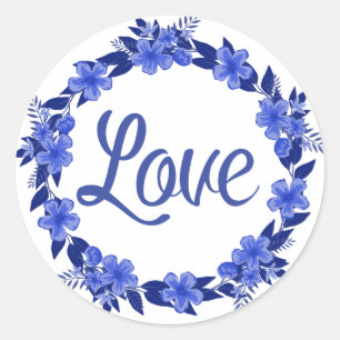 Floral Love Watercolor Blue & White Flower Wreath Classic Round Sticker