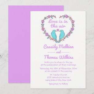 Floral Lovebirds & Heart Purple, Turquoise Wedding Invitation