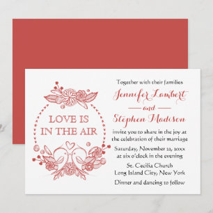 Floral Lovebirds Red Burgundy Wreath Wedding Invitation