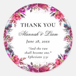 Floral Magenta Bible Verse Catholic Wedding Favour Classic Round Sticker