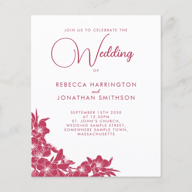 Floral Magenta Pink Budget Wedding Invitation (Front)