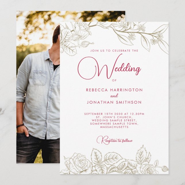 Floral Magenta Pink Gold Photo Wedding Invitation (Front/Back)