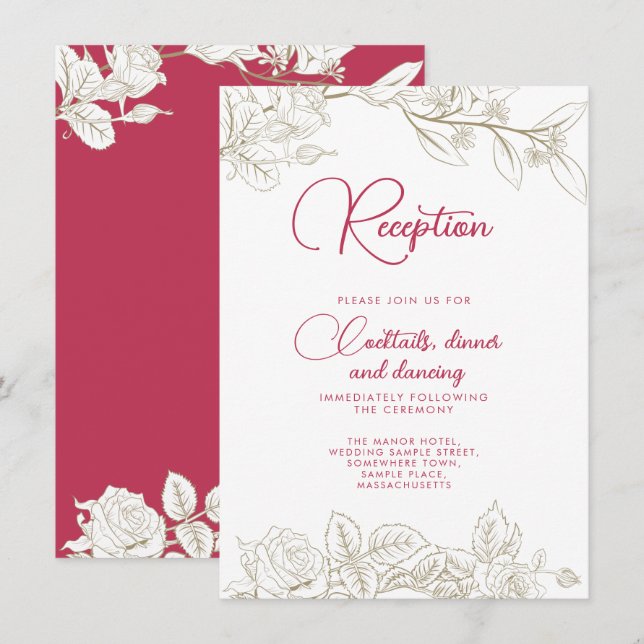 Floral Magenta Pink Gold Wedding Reception Card (Front/Back)