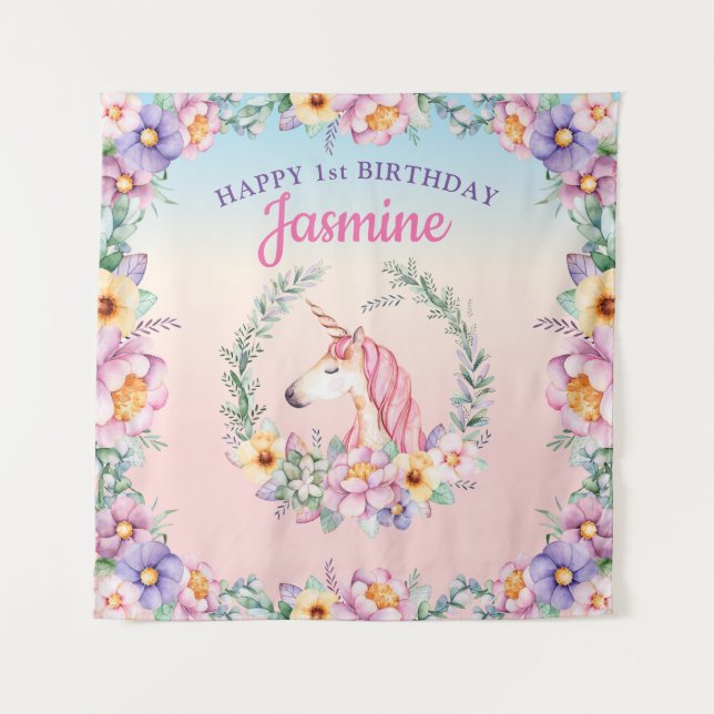 Floral Magical Unicorn Backdrop & Tapestry  (Front)