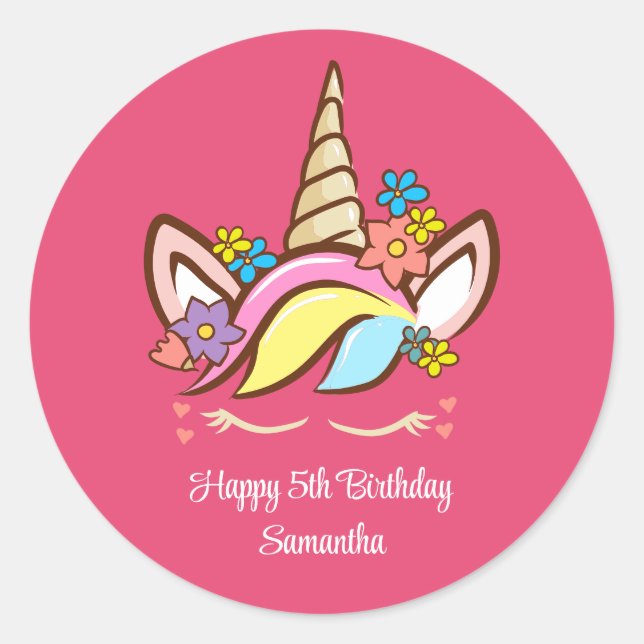 Floral Magical Unicorn Colourful Girl Birthday Classic Round Sticker (Front)