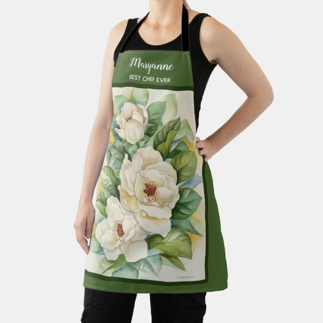 Floral Magnolia Add Name Green Watercolor Apron (Insitu)