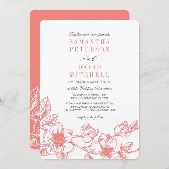 Floral Magnolia Branch | Coral  | Wedding Invitation (Front/Back)