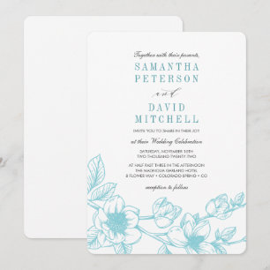 Floral Magnolia Branch Pale Blue Wedding Invitation