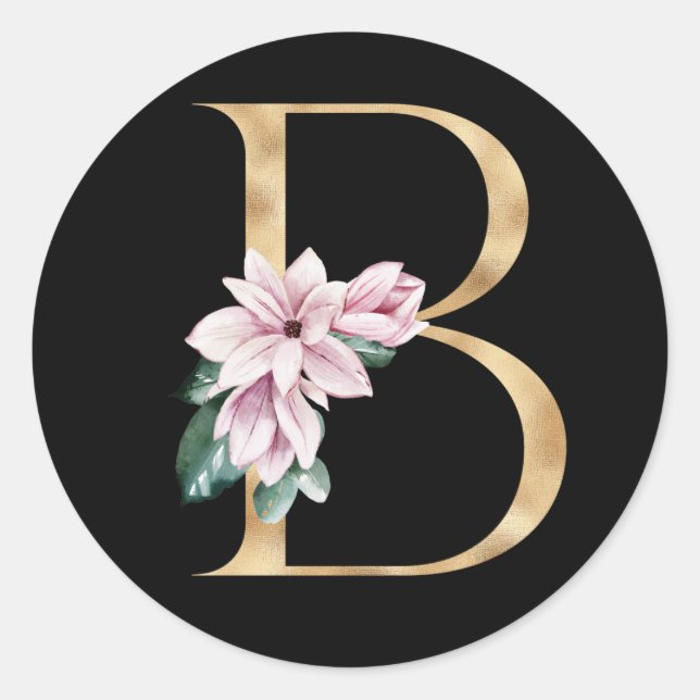 Floral magnolia monogram in gold letter B Classic Round Sticker (Front)