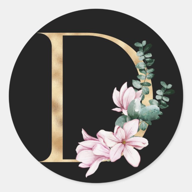 Floral magnolia monogram in gold letter D Classic Round Sticker (Front)