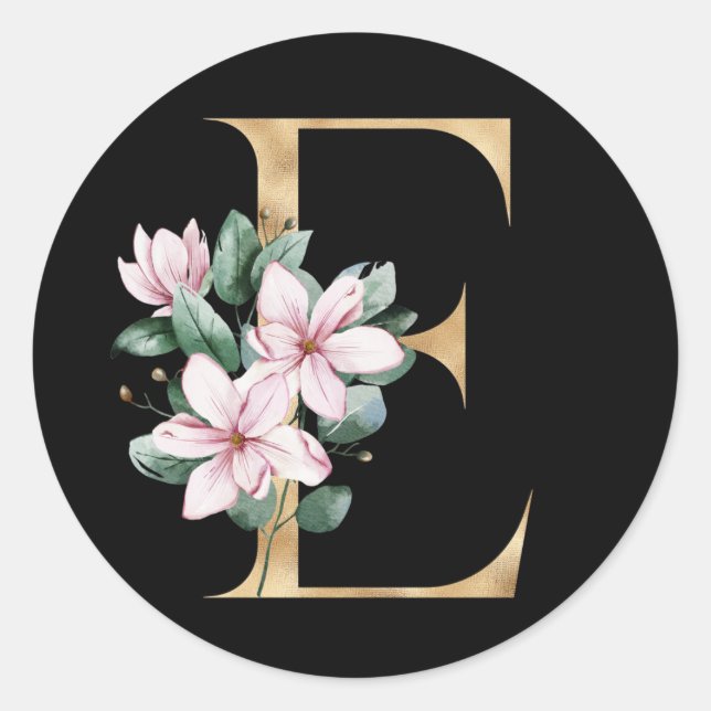 Floral magnolia monogram in gold letter E Classic Round Sticker (Front)