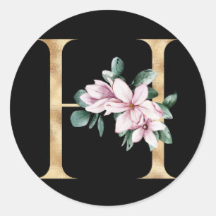 Floral magnolia monogram in gold letter H Classic Round Sticker
