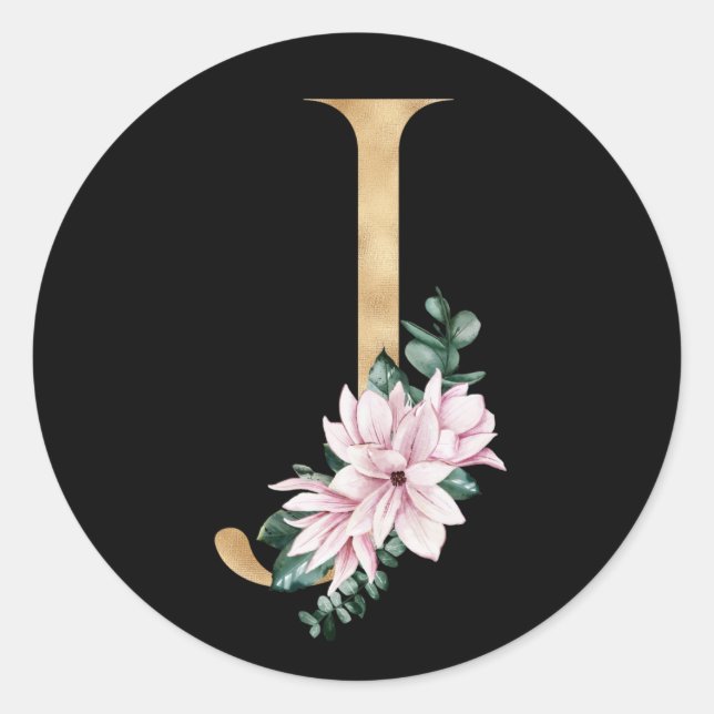 Floral magnolia monogram in gold letter J Classic Round Sticker (Front)