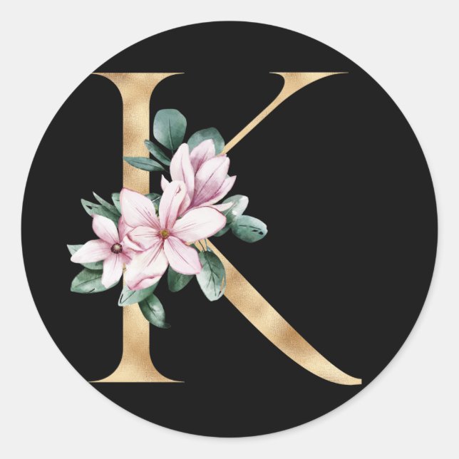 Floral magnolia monogram in gold letter K Classic Round Sticker (Front)