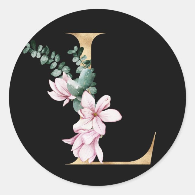 Floral magnolia monogram in gold letter L Classic Round Sticker (Front)