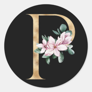 Floral magnolia monogram in gold letter P Classic Round Sticker