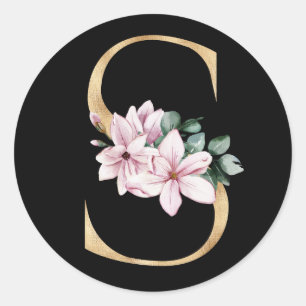 Floral magnolia monogram in gold letter S Classic Round Sticker