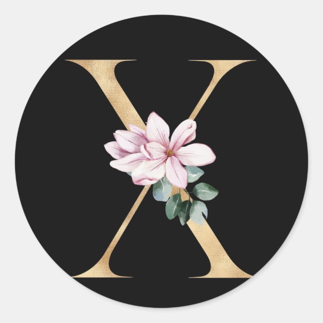 Floral magnolia monogram in gold letter X Classic Round Sticker (Front)