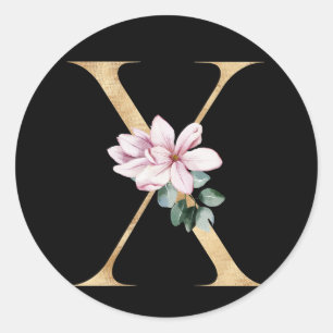 Floral magnolia monogram in gold letter X Classic Round Sticker