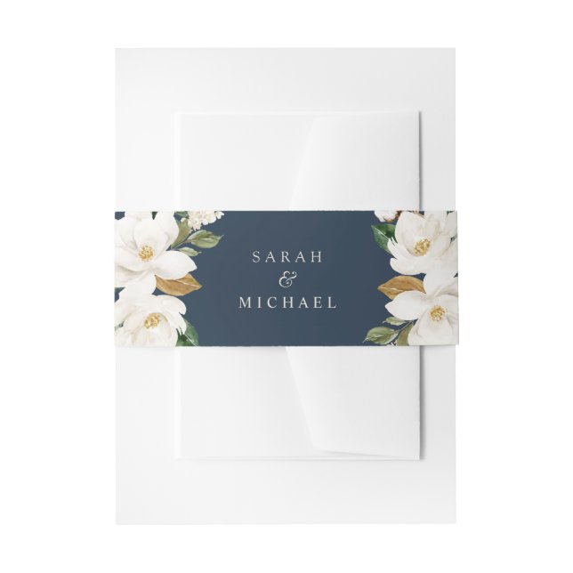 Floral Magnolia Neutral Beige Navy Wedding Elegant Invitation Belly Band (Front Example)