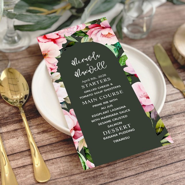 Floral Magnolia Peony Dark Green Wedding Menu (Creator Uploaded)