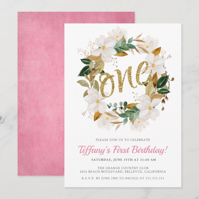 Floral Magnolia Pink and Gold 1st Birthday Party Invitation (Front/Back)