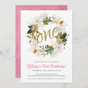 Floral Magnolia Pink and Gold 1st Birthday Party Invitation
