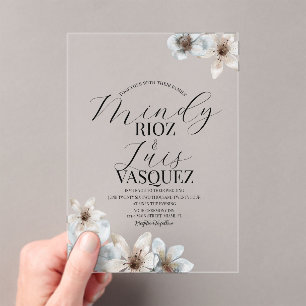 Floral Magnolia Watercolor Wedding Script Black Acrylic Invitations