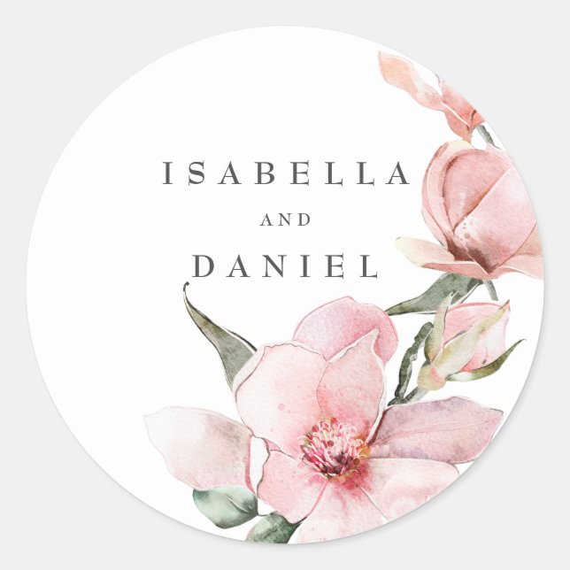 Floral Magnolia Wedding Classic Round Sticker (Front)