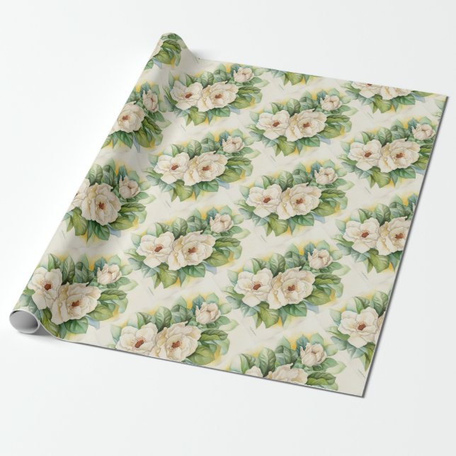 Floral Magnolia White Vintage Wrapping Paper (Unrolled)