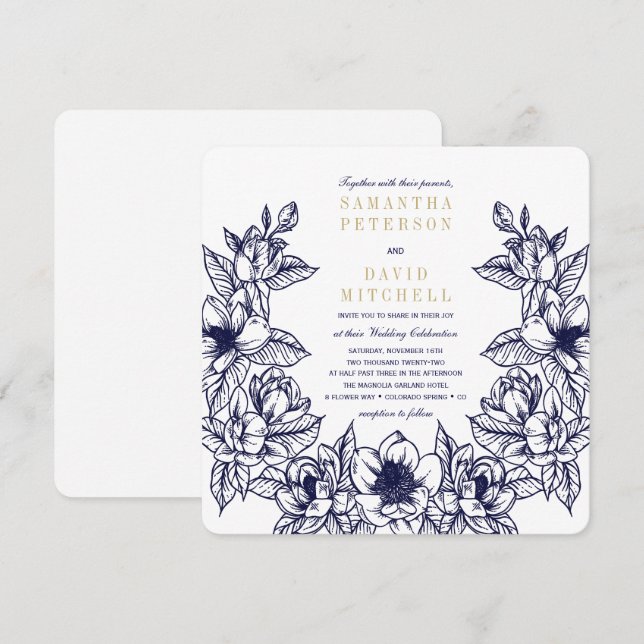 Floral Magnolia Wreath | Blue & Gold | Wedding Invitation (Front/Back)
