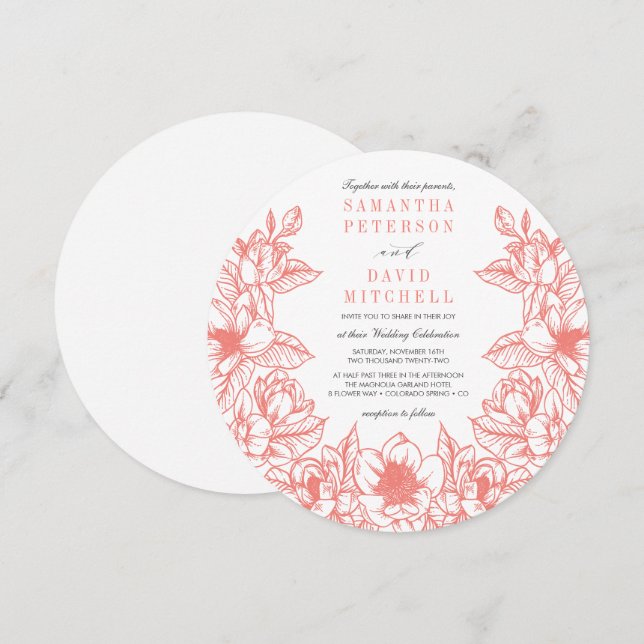 Floral Magnolia Wreath | Coral | Wedding Invitation (Front/Back)