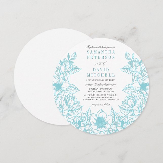 Floral Magnolia Wreath | Pale Blue | Wedding Invitation (Front/Back)