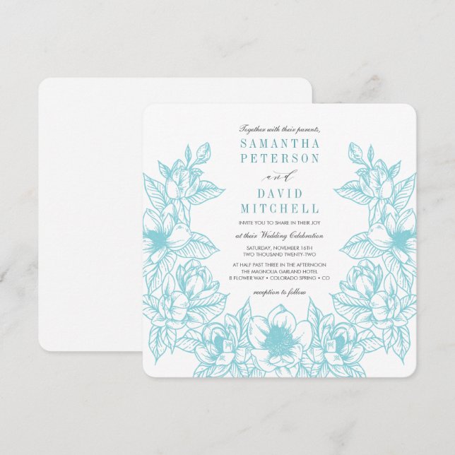 Floral Magnolia Wreath | Pale Blue | Wedding Invitation (Front/Back)