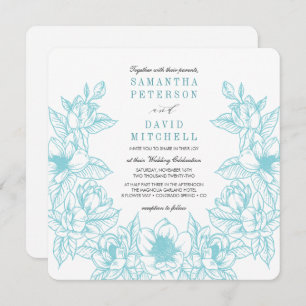 Floral Magnolia Wreath   Pale Blue   Wedding Invitation