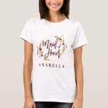 floral maid of honour bachelorette bridal shower T-Shirt<br><div class="desc">Watercolor blush pink, burgundy, sage green florals with gold effect geometric colorway maid of honour wedding honeymoon gift t-shirt. The perfect gift for your friend sister brother mum dad aunt uncle daughter son niece nephew gran grandad. On trend script text and modern watercolor graphics. Make your life easier with this...</div>