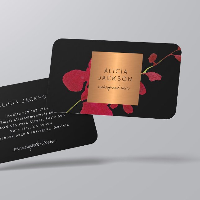 Floral makeup artist hair salon modern black business card (Creator Uploaded)